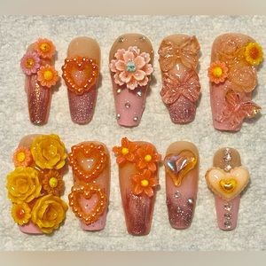 Beautiful press on nails orange and pink flowers handmade